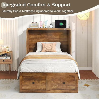 LUXOAK Twin Murphy Bed with 6" White Tri-Fold Memory Foam Mattress, Storage Drawer & Charging Station, Space-Saving Design for Home Office or Guest Room, Barnwood