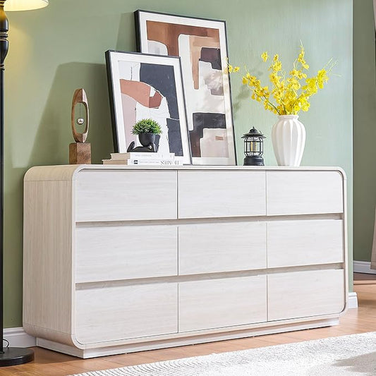 Standifurno White Dressers of 9 Drawers, Chest Dresser with Deep Drawers, Modern Dresser Closet for Bedroom, Curved Drawer with Large Storage, 57'' Wide