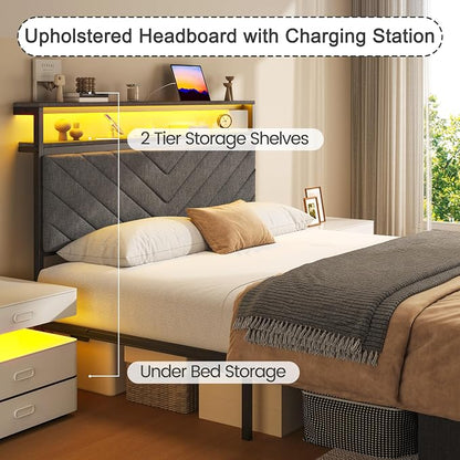 Fluest Twin Bed Frame with Storage Drawers, Upholstered Headboard with Charging Station, LED Lights, Fabric Drawers with Wheels, Under Bed Storage, No Box Spring Needed, Easy Assembly, Grey