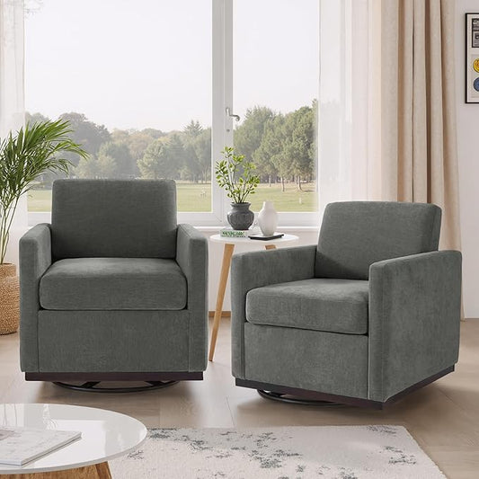 360° Swivel Accent Chairs Set of 2, 31" Wide Upholstered Club Armchairs for Living Room, Comfy Square Swivel Barrel Chair with Metal Base, Chenille Fabric, Dark Gray