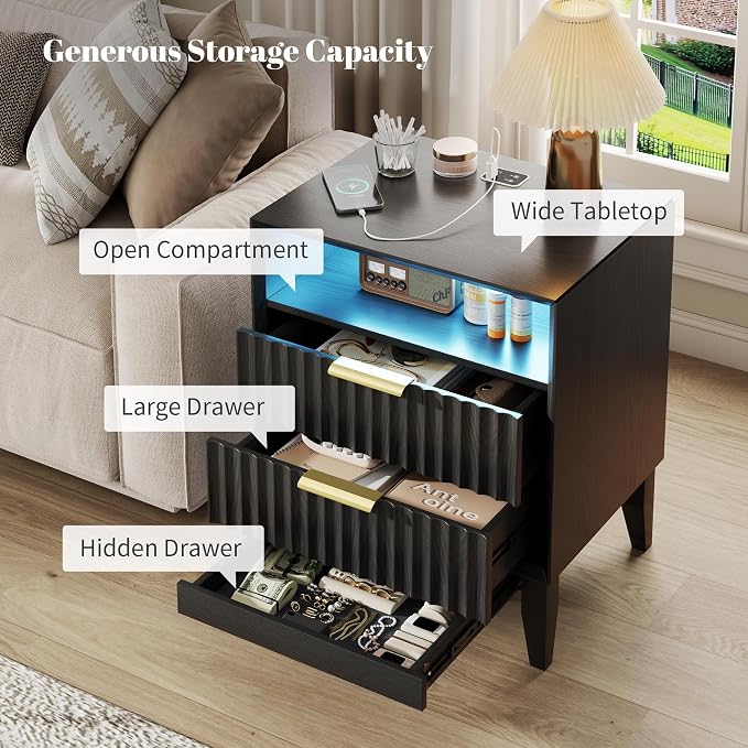 LVSOMT 20'W Fluted Nightstand Set of 2, Night Stand with Charging Station and LED Lights, RFID Lock Hidden Drawer, Mid Century Modern Bedside Table for Bedroom, 2 Drawers and Open Storage Cubby, Black