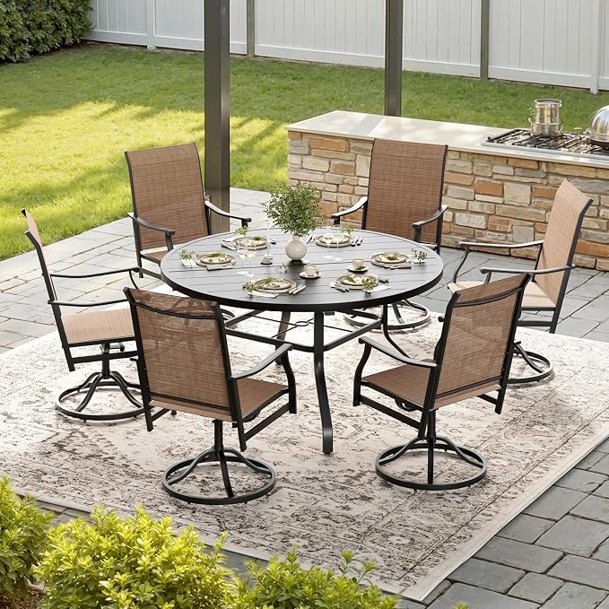 Soohow Outdoor Dining Set for 6, 7-Piece Round Table Patio Dining Set, 6 x Swivel Patio Chairs and 1 x 47 Round Outdoor Dining Table, for Poolside, Backyard and Proch
