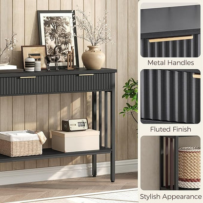 MAHANCRIS 39.4" Console Table with 2 Drawers, Narrow Long Entry Table with Storage Shelf, 2-Tier Fluted Entryway Table with 2 Drawers, for Entryway, Living Room, Foyer, Hallway, Office, Black CTHB5101