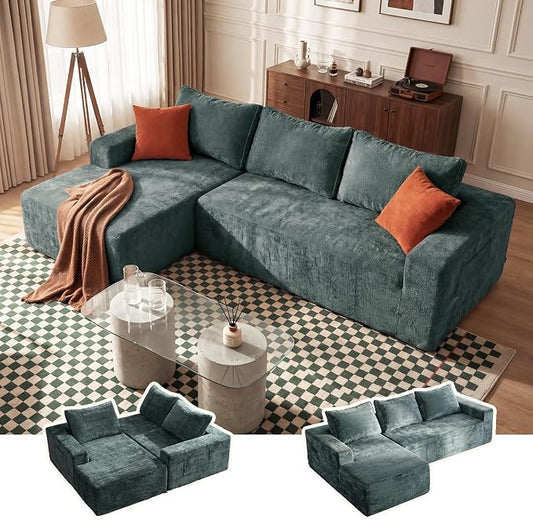 Vesgantti 95" Boneless Couches for Living Room, L-Shape Sectional Couch with Chaise in Chenille | Memory Foam | No Assembly Required, Deep Seat Cloud Modular Sofa for Apartment, Office (Green)