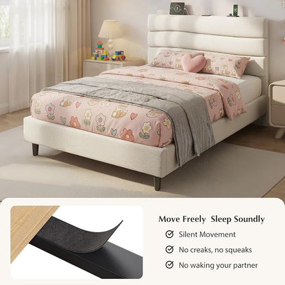 EnHomee Twin Size Bed Frame with Adjustable Height Headboard, Noise-Free Upholstered Platform Bed, No Box Spring Needed,Easy Assembly for Dorm,Beige