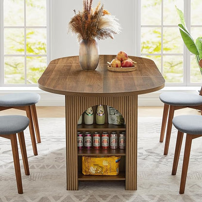 weselon 70.8" Oval Dining Table with Dual Side Storage Shelves, Rustic Farmhouse Table for 4–6 People, Modern Wooden Round Dinner Table for Kitchen, Reception, or Living Room (Walnut, Table Only)