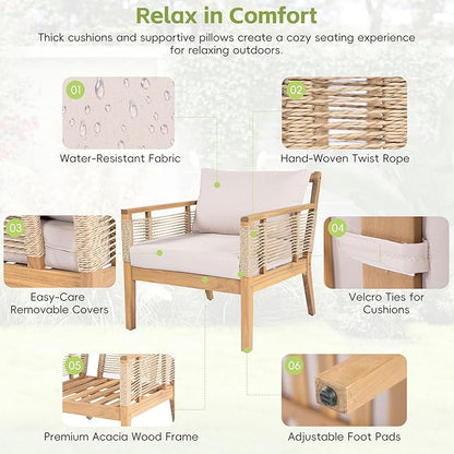 VilroCaz 5-Piece Patio Conversation Set, All Weather Sectional Sofa Set w/ 3 Seater Sofa, 2 Chairs and 2 Coffee Tables, Acacia Wood Outdoor Furniture Set with Woven Rope Accents and Cushions