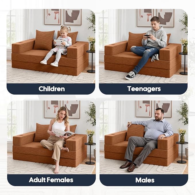 COMAX Futon Sofa Bed, Convertible Sofa Bed, Folding Boneless Couches | Boneless Couch for living room, Fold Out Small Foldable Loveseat Floor Sleeper Mattress Lounge Space‑Saving, Orange
