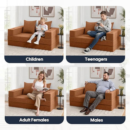 COMAX Futon Sofa Bed, Convertible Sofa Bed, Folding Boneless Couches | Boneless Couch for living room, Fold Out Small Foldable Loveseat Floor Sleeper Mattress Lounge Space‑Saving, Orange