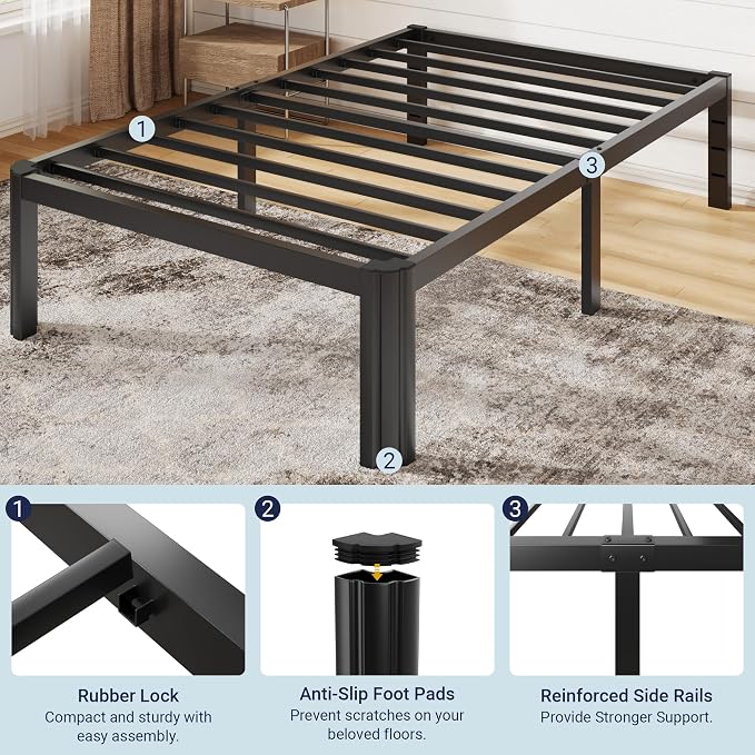 Allewie Metal Twin Bed Frame, 14 Inch 3500LBS Heavy Duty Platform Bed with Rounded Corner & Under Bed Storage, No Box Spring Needed, Noise Free, Easy Assembly, Black