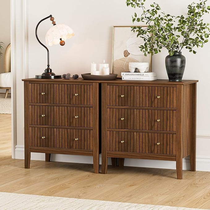 Night Stand, Fluted 3 Drawer Wide Farmhouse Nightstand with Gold Handle, Larger Wider Modern Bedside End Table for Bedroom, Living Room, Walnut