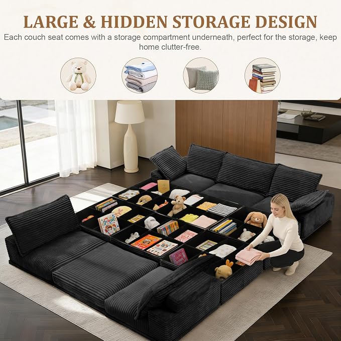 Upgrade Boneless Couch with Storage, Extra Deep&High Seat Modular Sectional Sofa 5 Seater U Shaped Couch with Ottoman, Tool-Free Assembly Sectional Couches for Living Room