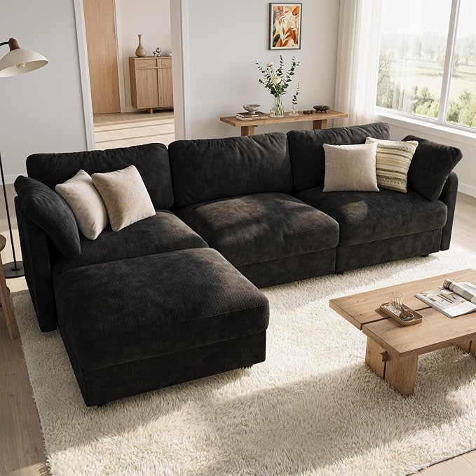 114" Cloud Couch Sectional Couches for Living Room Black | 10" High-Resilience Cloud Cushion, 36" Movable Ottoman, Plus-Size Friendly Couch, 28" Extra Deep Seat Sofa