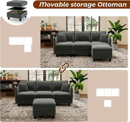 WorthFurni Modular Sectional Sofa L Shape Couches with Storage Ottoman and Washable Cushion Cover for Living Room, Apartment, Bedroom(Grey)
