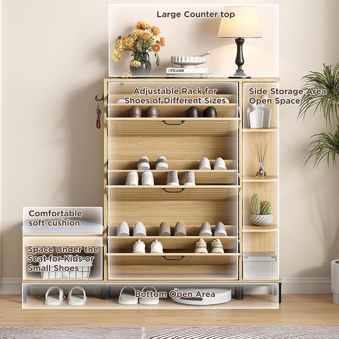 Maupvit Narrow Shoe Cabinet with Bench for Entryway, 3 Flip Louvered Doors & Side Storage Cabinet, 44" H Shoes Organizer with Upholstered Seat & Hooks for Front Door Entrance, Natural Oak
