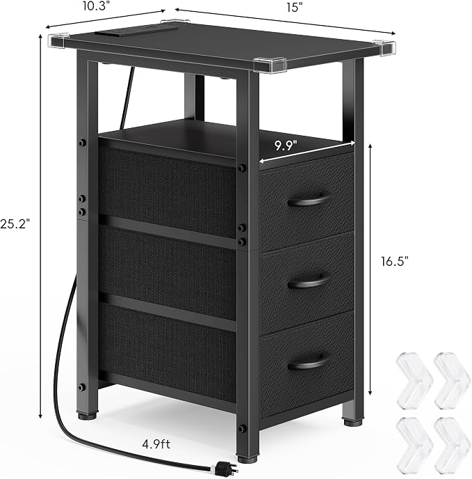 Vagusicc Black End Table with Charging Station Set of 2, Narrow Side Table, Narrow Nightstand with 3 Fabric Drawers, Slim Sofa Side Table for Small Spaces, Small Night Stand for Bedroom, Black