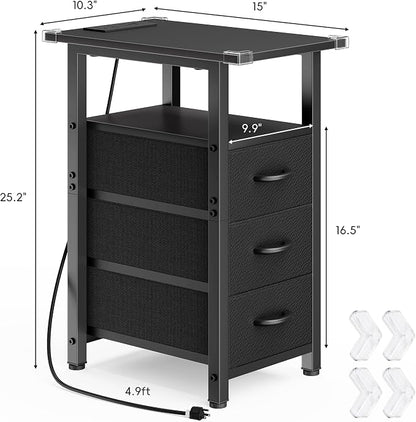 Vagusicc Black End Table with Charging Station Set of 2, Narrow Side Table, Narrow Nightstand with 3 Fabric Drawers, Slim Sofa Side Table for Small Spaces, Small Night Stand for Bedroom, Black