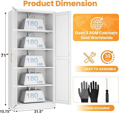 71" Metal Pantry Cabinet,Storage Cabinet with Doors and Shelves | Metal Storage Cabinet,Gold Handles,Adjustable Shelves,Magnetic Doors,Leveling Feet,Anti-tipping,for Kitchen/Garage White