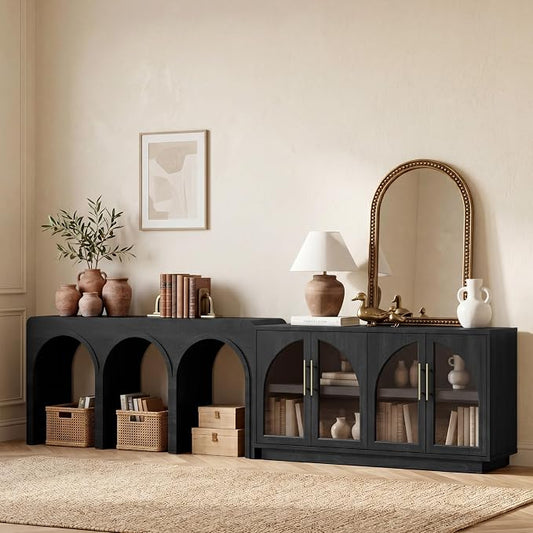 Fatmok Caldera Collection 2-Piece Living Room Set, Arched Glass Buffet Cabinet with Adjustable Shelves and Triple Arch Console Table for Living Room, Hallway and Dining Room, Black Grey
