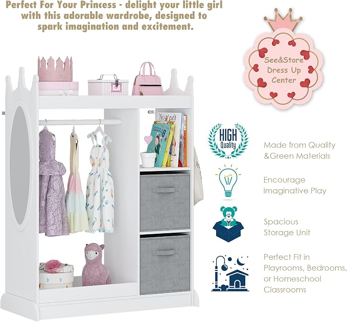 UTEX Kids Dress up Storage with Crown-Shaped Design and 2 Fabric Bins | See and Store Kids Wardrobe, Toddler Dress Up Rack, Open Hanging Armoire Closet, Water-based Paint, Princess Style