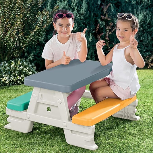 DOLU: Picnic Table for 4: White, Green, Yellow - Indoor/Outdoor, Bench Seating, Durable Waterproof Plastic Toy, 30.3 x 28 x 17, Toddler Kids Age 2+