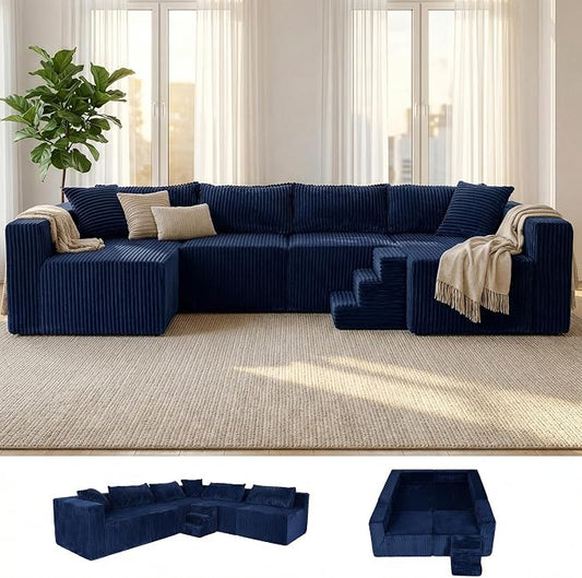 128" U-Shaped Boneless Couch, Modern Sectional Modular Couch with Double Chaise, Deep Seat Boneless Couches for Living Room Bedroom with Pet Stair, No Assembly Required, Blue