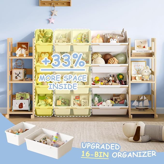 EXPERLAM Extra Large Toy Storage - Toy Storage Organizer, Wooden Toy Organizer with 6 Side Shelves and 16 Bins, 3-in-1 Bookshelf for Kids Rooms, Playroom, Nursery, White