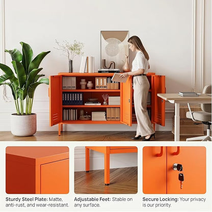 Orange Metal Storage Cabinet 3 Door Wide Metal Storage Cabinet 2 Layer Adjustable Shelves 32 "H Wide Steel Lockable Storage Cabinet Multipurpose Metal Accent Cabinet for Office/Home/Dining