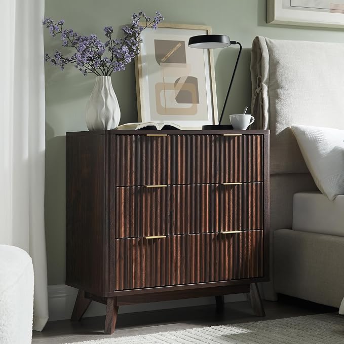 T4TREAM Fluted 3 Drawer Dresser, 32" Tall Modern Chest of Drawers, Curved Profile Design, Wood Drawer Organizer for Bedroom, Living Room, Hallway, Entryway, Dark Walnut