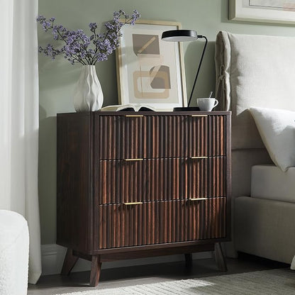 T4TREAM Fluted 3 Drawers Nightstand Set of 2, Oversized Extra Large Modern Side Table, End Table Bedside for Bedroom, Living Room, Curved Profile Design, Dark Walnut
