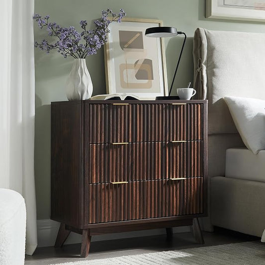 T4TREAM Fluted 3 Drawers Nightstand Set of 2, Oversized Extra Large Modern Side Table, End Table Bedside for Bedroom, Living Room, Curved Profile Design, Dark Walnut