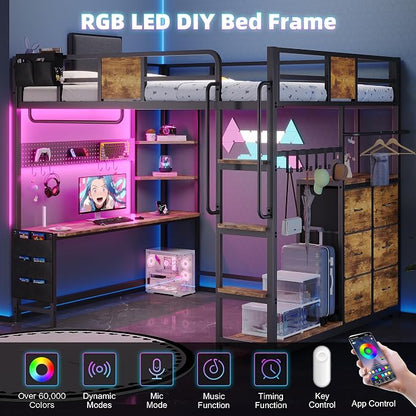 Dnxao Full Size Loft Bed with Desk, Heavy Duty Metal Bed Frame for Teens Adults, 6 Storage Drawers, Power Outlet with Type-C, LED Lights, Integrated Study Workstation for Small Room, Rustic Brown