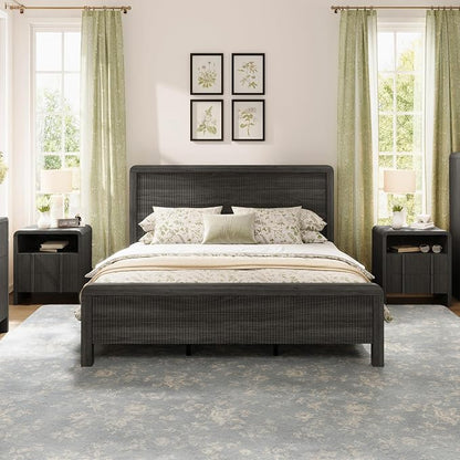 AMERLIFE 3-Piece Modern Fluted Bedroom Furniture Set, Including Wood Queen Size Bed Frame with Headboard & Footboard and Storage Night Stand Set of 2, Wooden Bedframe and Nightstand Sets, Black