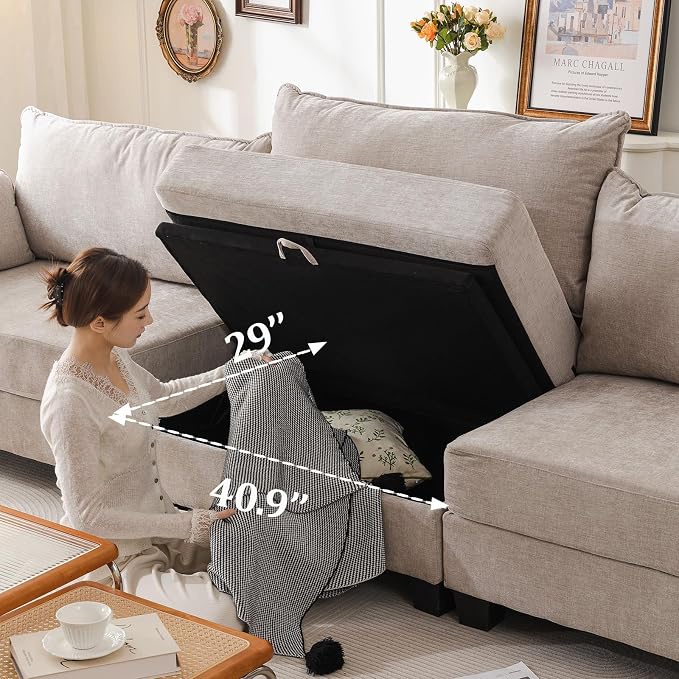 94'' Modular Sectional Sofa with All Seats Storage,Oversized 3-Seater Comfy Couches with Throw Pillows,Big Loveseat for Living Room,Bedroom,Chenille,Khaki