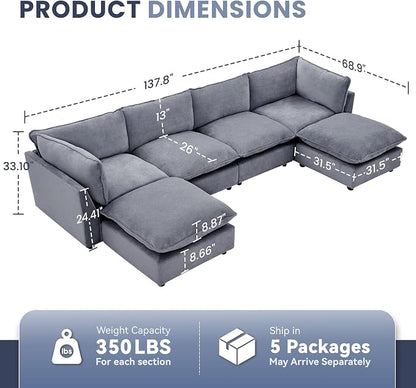 Iroomy Modular Sectional Sofa, U Shaped Chenille Cloud Couch Deep Comfy Seat, 6-Seater Sofas Couches for Living Room, Dusty Blue