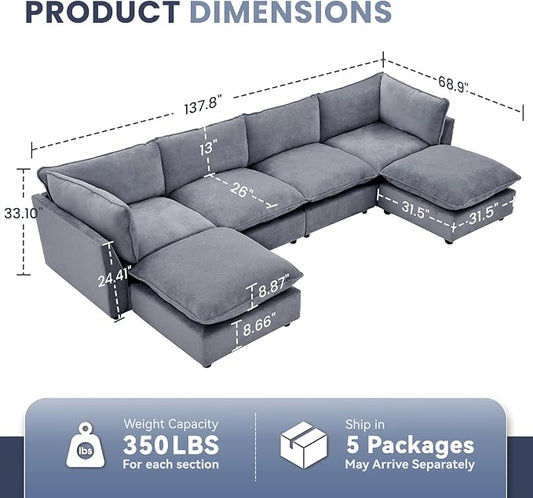 Iroomy Modular Sectional Sofa, U Shaped Chenille Cloud Couch Deep Comfy Seat, 6-Seater Sofas Couches for Living Room, Dusty Blue