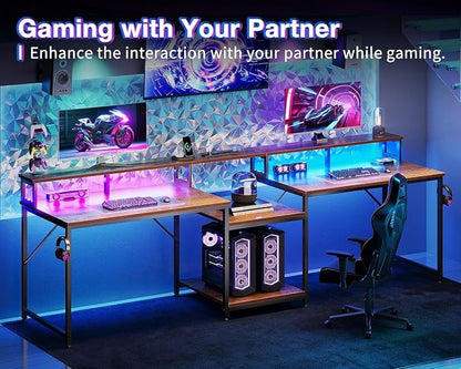 Casaottima 98 Inch 2 Person Gaming Desk with Storage Shelves, Long Double Home Office Computer Writing Desks with USB Charging Port & LED Lights, Monitor Stand, Modern Study/Work Table,Vintage