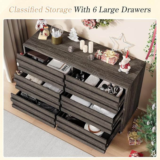 LUXOAK 2 Pcs Bedroom Furniture Sets - Includes 1 X Farmhouse 6 Drawers Dresser, 1X Farmhouse King Size Bed Frame with 49" Tall Headboard, Wooden Platform Bed with Hidden Metal Bed Frame, Rustic Grey