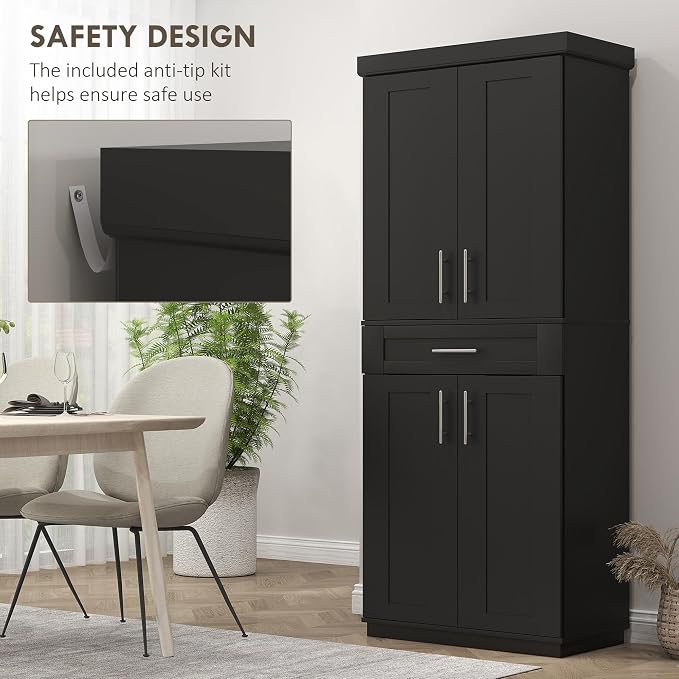 HOMCOM 72" Kitchen Pantry Cabinet, Freestanding Tall Storage Cabinet with 4 Doors, Drawer and 3 Adjustable Shelves for Dining Room, Black