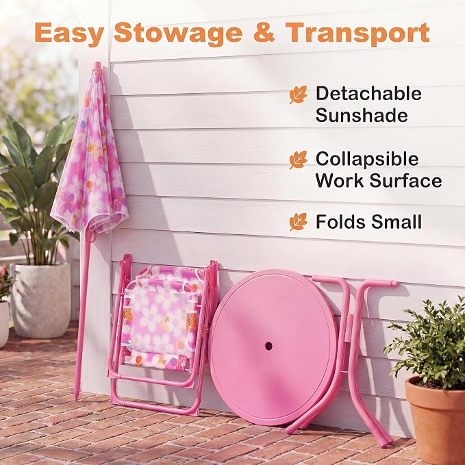 HONEY JOY Kids Picnic Table, Animal Themed Toddler Outdoor Table and Chair Set, 2 Folding Chairs & Removable Umbrella, Children Outdoor Furniture for Backyard Patio Garden (Pink Bee)