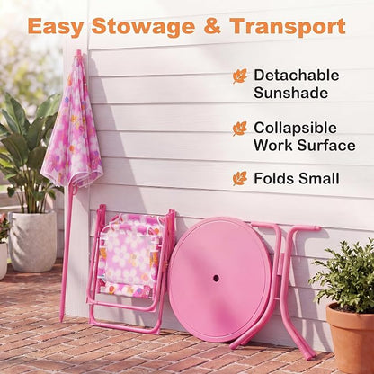 HONEY JOY Kids Picnic Table, Animal Themed Toddler Outdoor Table and Chair Set, 2 Folding Chairs & Removable Umbrella, Children Outdoor Furniture for Backyard Patio Garden (Pink Bee)