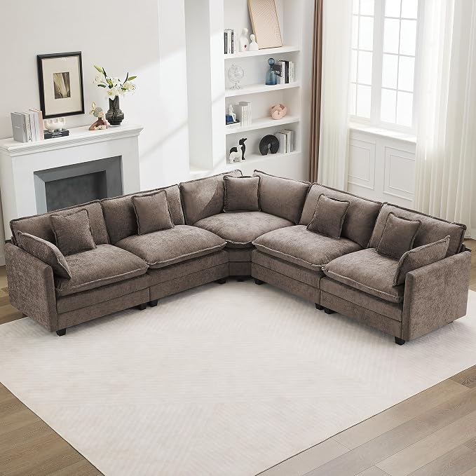 113'' V Shaped Cloud Sectional Sofa, Oversized Deep Seat Couches for Living Room, Chenille Comfy Upholstered Modular Sectional Sofa Couch,Brown