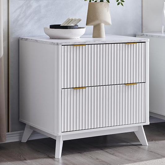 T4TREAM 2 Drawer File Cabinet, 32" Fluted Lateral File Cabinet w/Files Hanging Rod for Letter/Legal/A4, Large Tabletop for Printer, Office Wood Printer Cabinets, White (Gen 2)