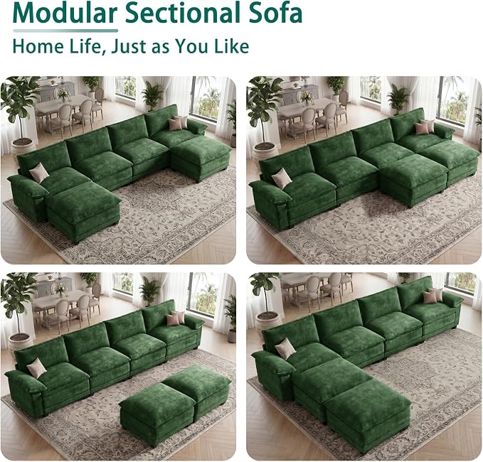Modern U Shaped Sofa Couches for Living Room, Modular Sectional Cloud Couch with Movable Ottoman, Comfy Chenille Sofa for Apartment and Small Space, Green
