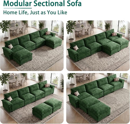 Modern U Shaped Sofa Couches for Living Room, Modular Sectional Cloud Couch with Movable Ottoman, Comfy Chenille Sofa for Apartment and Small Space, Green