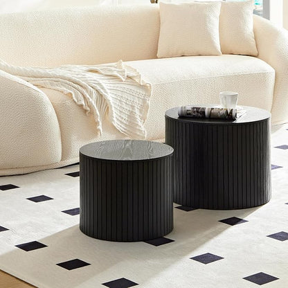 Nesting Coffee Tables Set of 2, Black Round Coffee Tables with Storage, Modern Fluted Circle Coffee Tea Table, Accent Wooden Drum Side End Table for Small Spaces Living Room