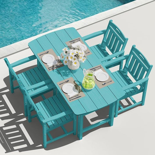 HDPE Outdoor Dining Set, Patio Table and Chairs Set, All-Weather 5-Piece Outside Table and 4 Chairs, 2" Umbrella Hole, Outdoor Furniture for Garden, Poolside, Backyard, Deck | Lake Blue