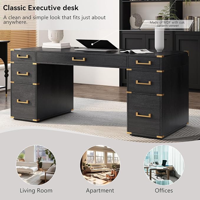 RuiSiSi 70” Extra-Large Classic and Traditional Executive Desk with Metal Edge Trim, Writing Desk with 2 File Drawers, USB Ports and Outlets, Black+Gold