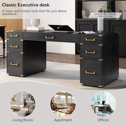 RuiSiSi 70” Extra-Large Classic and Traditional Executive Desk with Metal Edge Trim, Writing Desk with 2 File Drawers, USB Ports and Outlets, Black+Gold