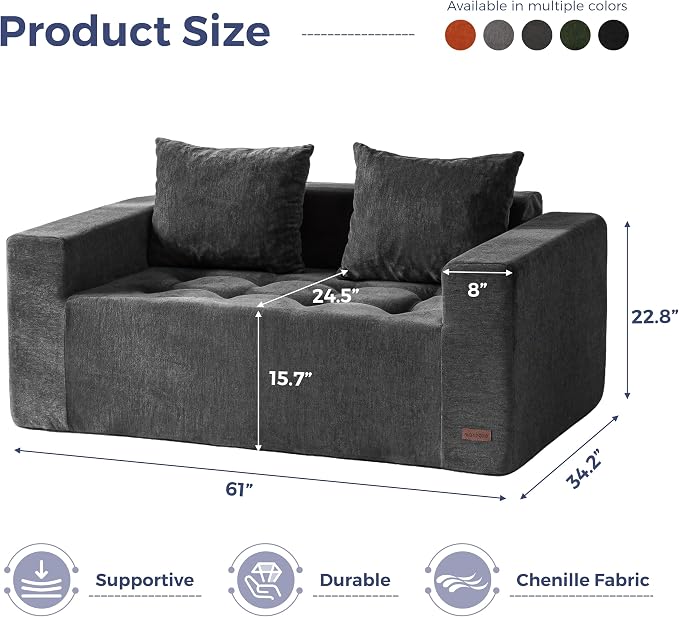 MAXYOYO Modular Sofa Couch, 61" Loveseat Boneless Cloud Couch with Deep Seat, Chenille Upholstered Living Room Comfy Sofa Chair for Living Room, No Assembly Required, Dark Grey